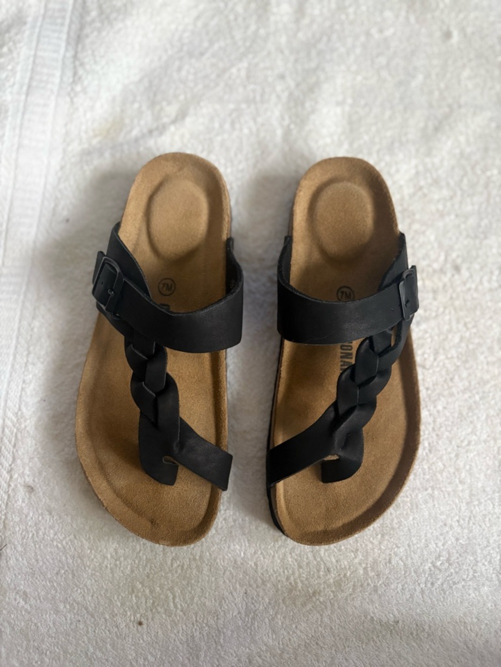 Cushionaire Women Sz 7M  Black Braided Toe-Post Cork comfort Sandals leather - Picture 2 of 7